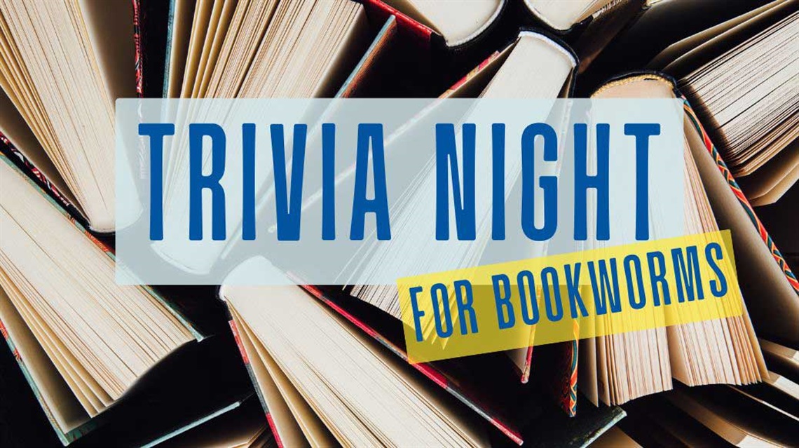 Trivia Night for Bookworms text overlaid on aerial photos of open books