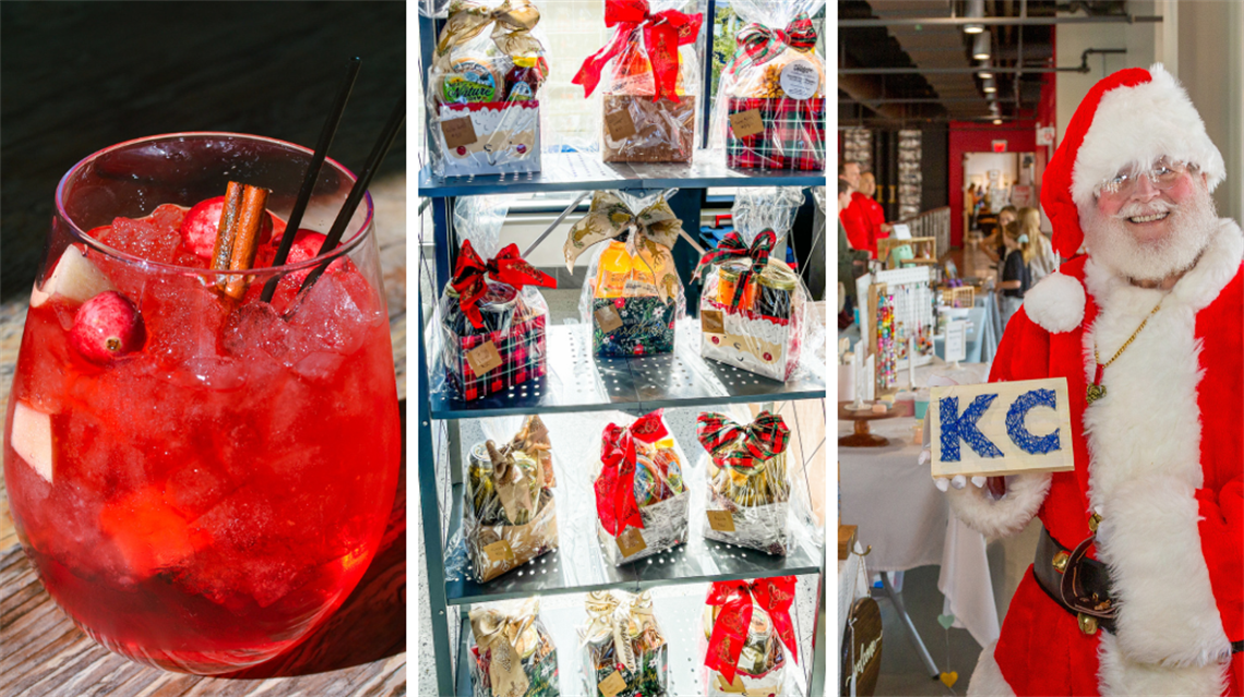 Collage of three photos. Holiday-themed cocktail, little gifts on a shelf and Santa holding a KC-themed nail art gift.