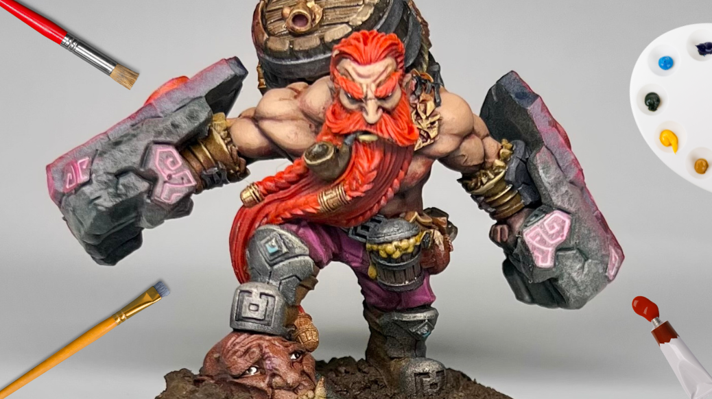 Painted miniature figure with paint brushes and paint overplayed on graphic