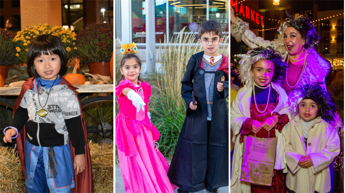 Collage of three photos showing kids and family dressed up in Halloween costumes