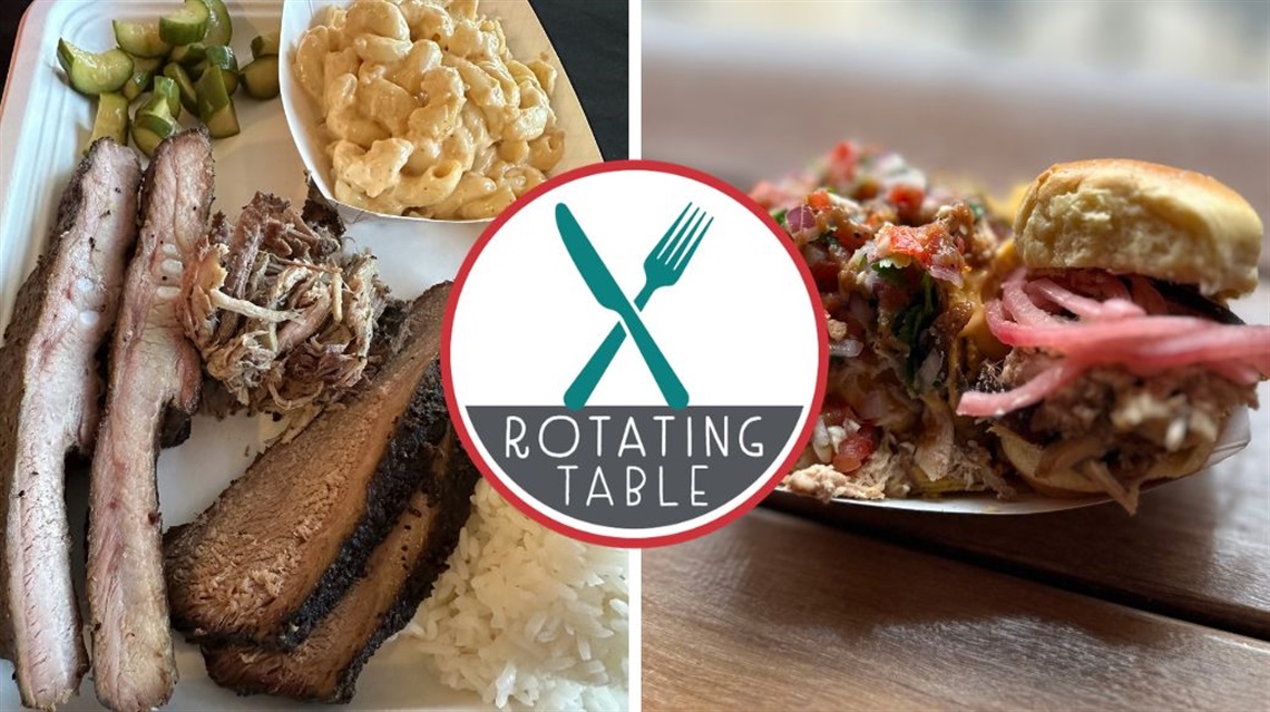 Two-image collage of brisket plate with mac and cheese and pulled pork sandwich