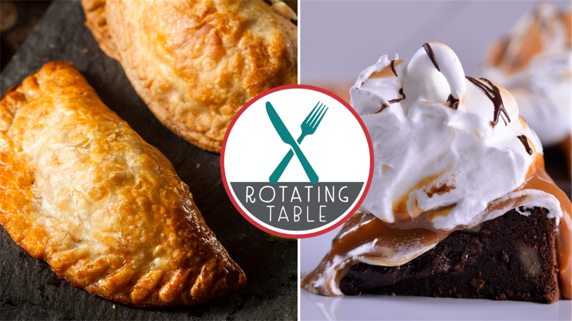 Collage image of empanadas and dessert with whipped cream