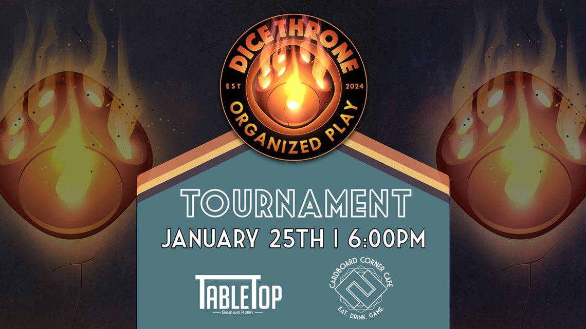 Cardboard Corner Cafe graphic for Dice Throne Tournament. Text overlay reads 