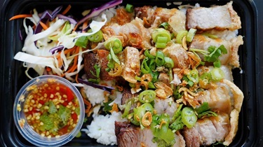 Crispy pork belly and rice dish from Saap Saap Noodles