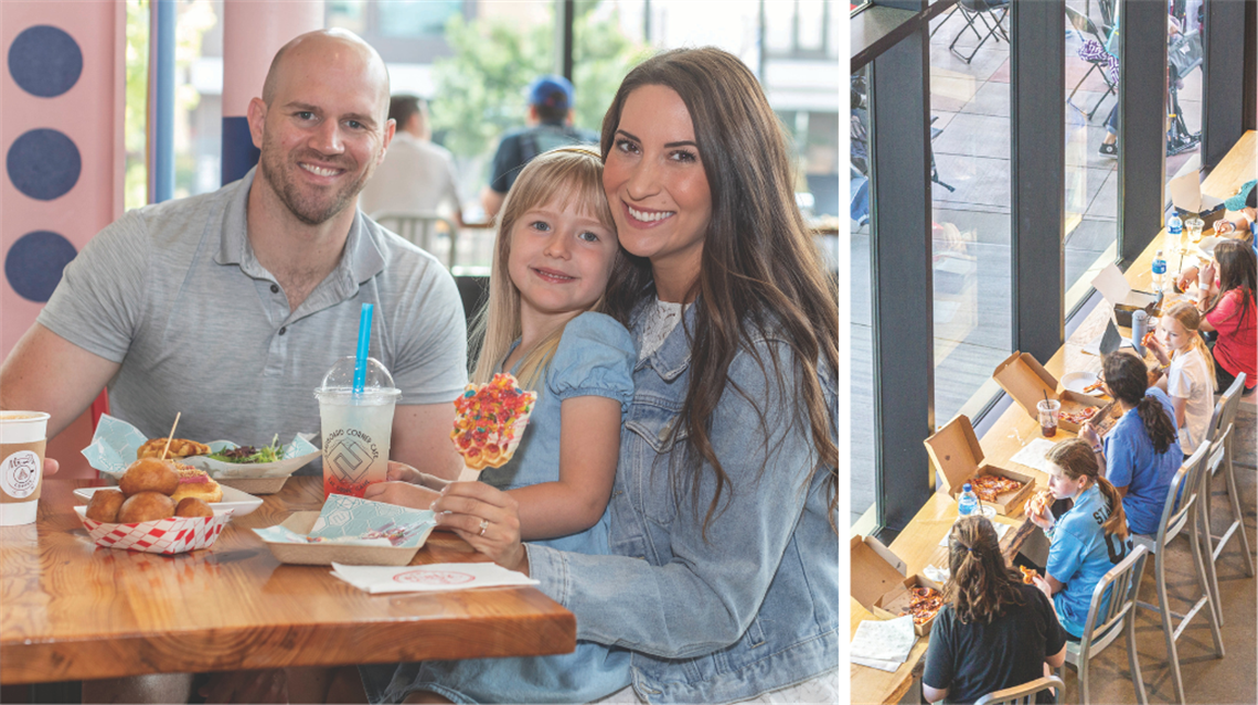 Two photo collage. Left image shows family of three smiling while eating inside the Public Market. Right image shows six tween-age girls eating pizza inside the Market.