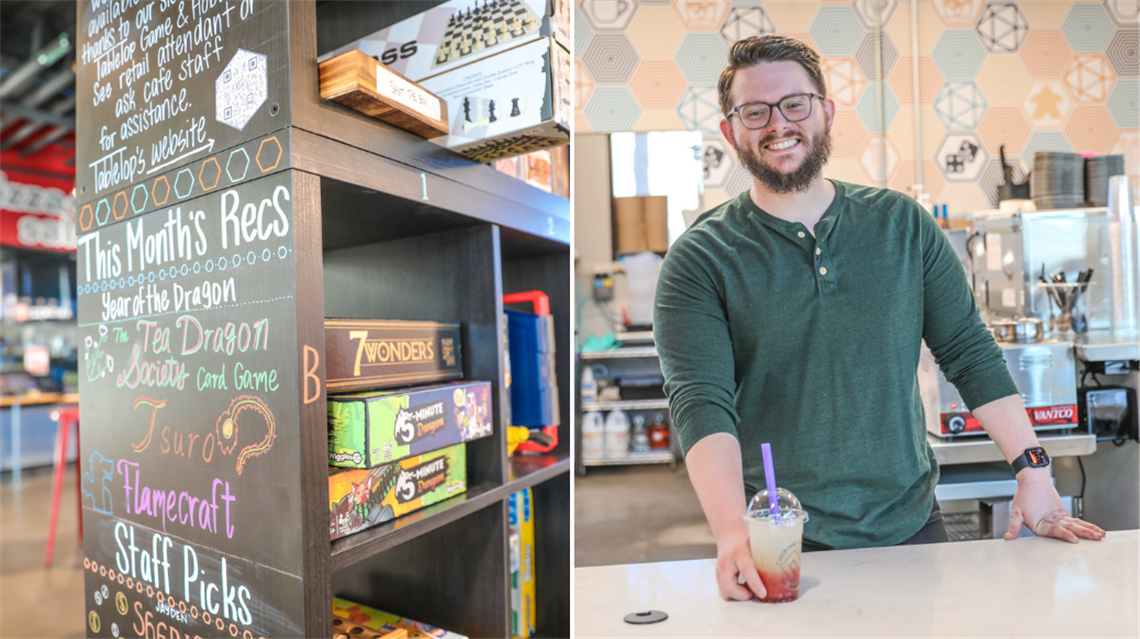 Man in green shirt smiling and passing bob tea on counter. Left image of shelf of board games.