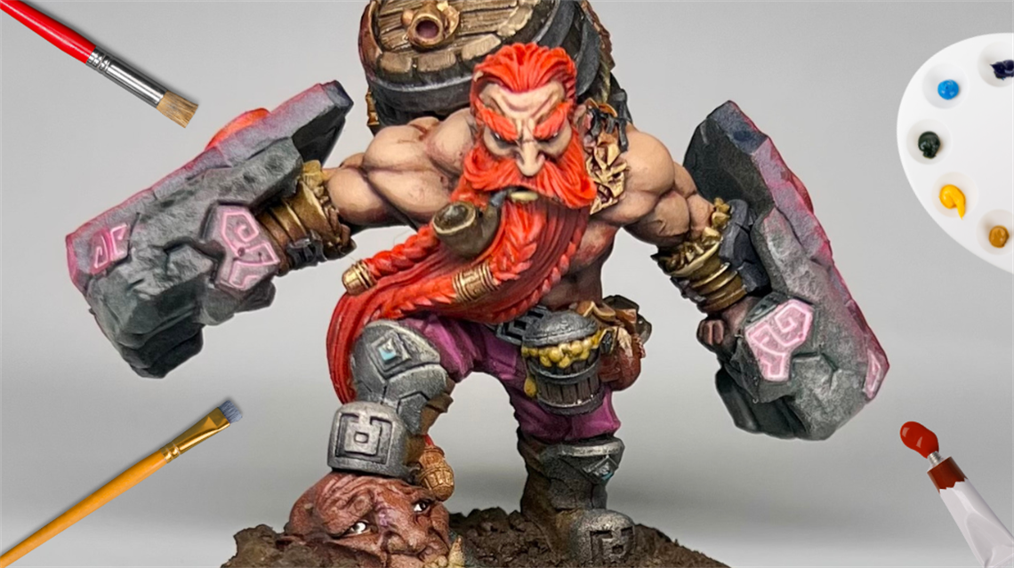 Painted miniature figure with paint brushes and paint overplayed on graphic