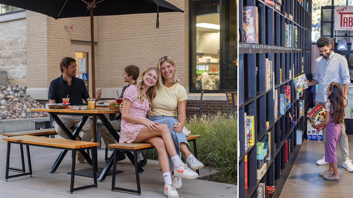 Two photo collage. Left image shows family of three smiling while eating inside the Public Market. Right image shows six tween-age girls eating pizza inside the Market.