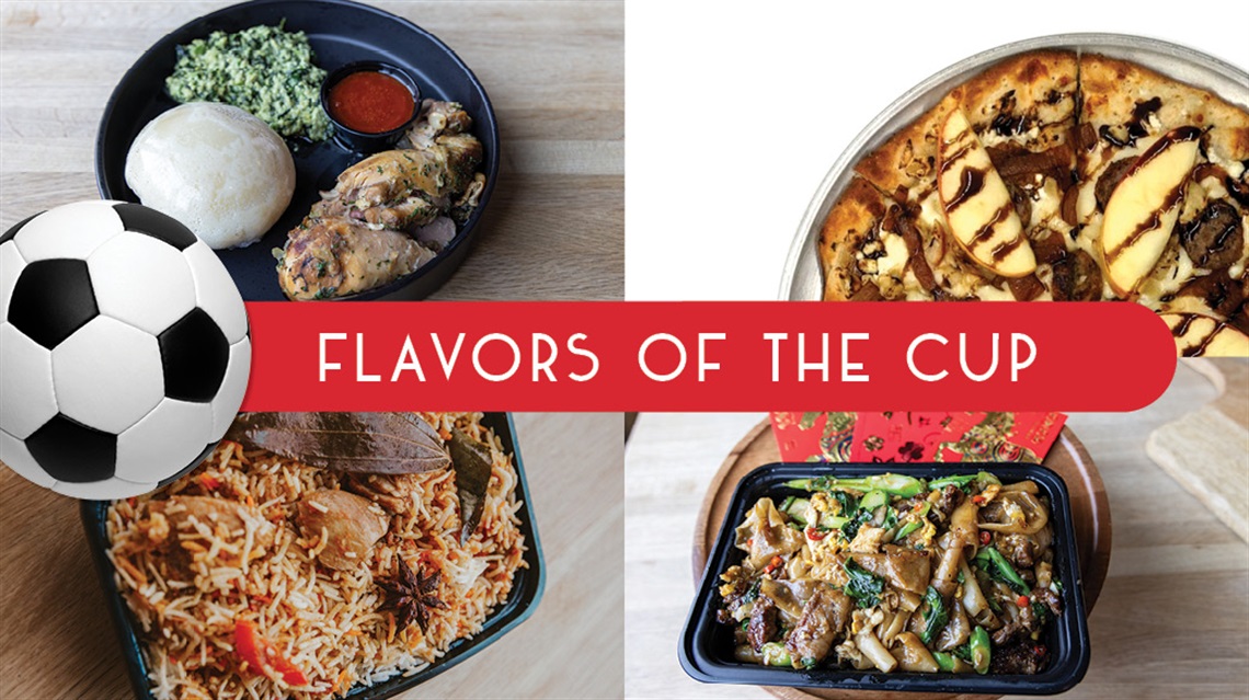 Collage of three entrees with large soccer ball. Entrees include Biryani from Sohaila's Kitchen, Pad See Ew from Saap Saap Noodles and Fufu and egusi from African Dream Cuisine.